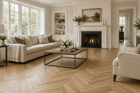 Elegant living room with herringbone wood flooring and a fireplace | Tom January Floors